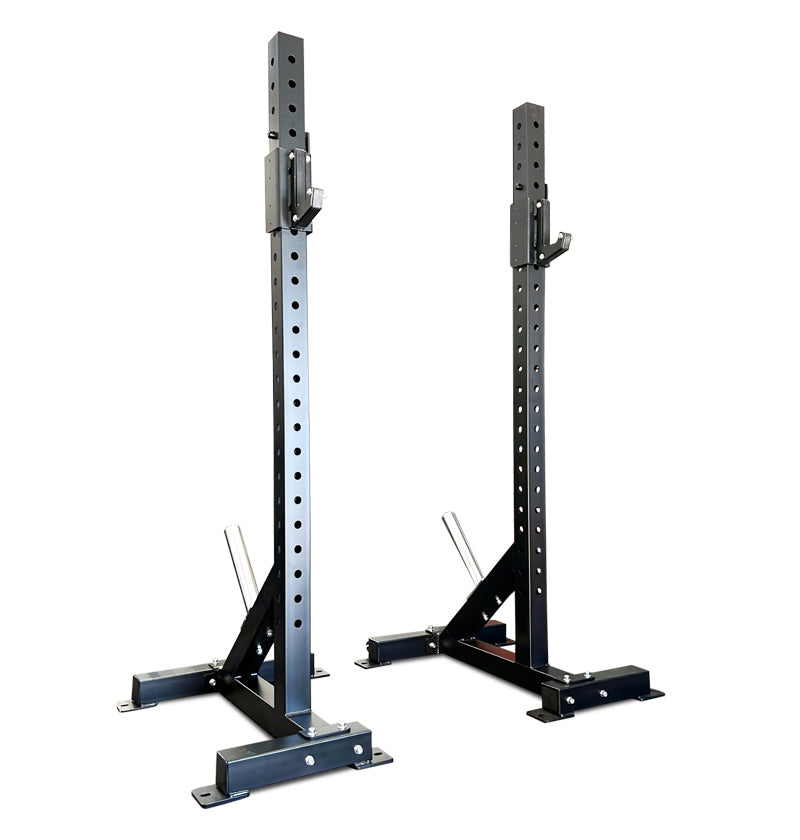 A pair of squat stands with a robust black metal frame, ideal for weightlifting and workout routines.