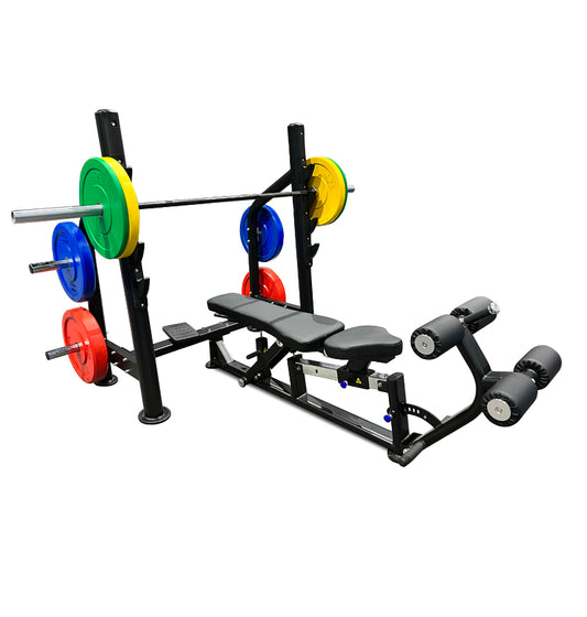 A black 3 in 1 bench press with adjustable settings, featuring spotter platform, foot rollers, and Olympic weight plates arranged for display.