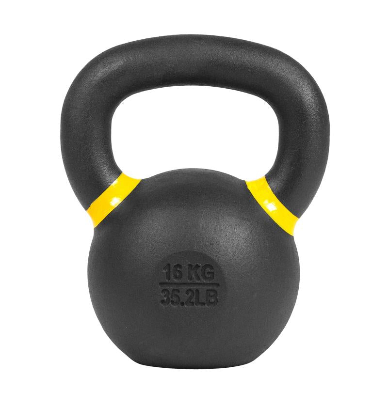 A black kettlebell with yellow handles, designed for strength training and fitness exercises.