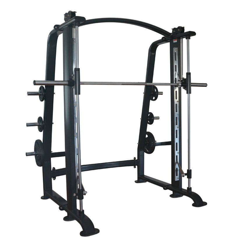 Smith Machine in black, equipped with a squat bar, ideal for strength training in fitness facilities.