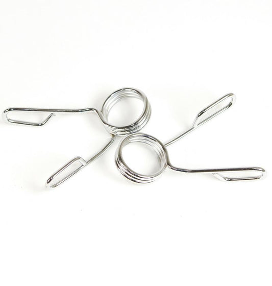 A pair of silver spring collars for weightlifting, displayed against a white background.