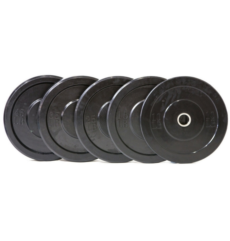 Five black rubber bumper plates displayed on a white background, collectively weighing 260 pounds.