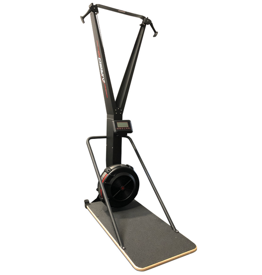 A stationary bike with a black handlebar, labeled as the AirGo 8.0 Ski Trainer, designed for indoor exercise.