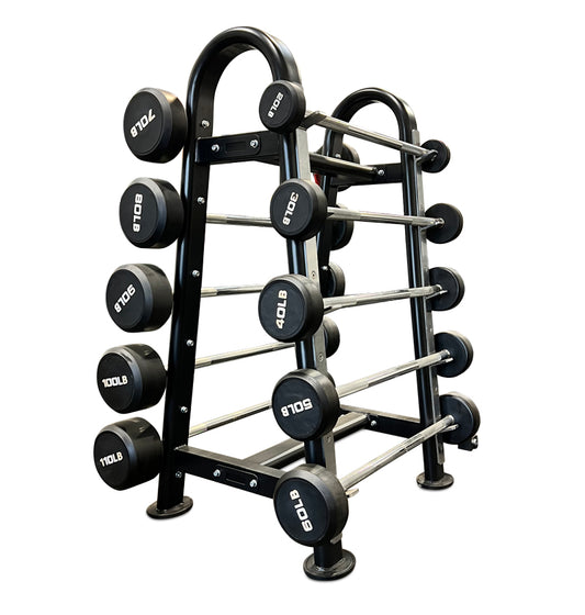 A black curl bar rack with multiple bars, designed for organizing and storing curl bars.