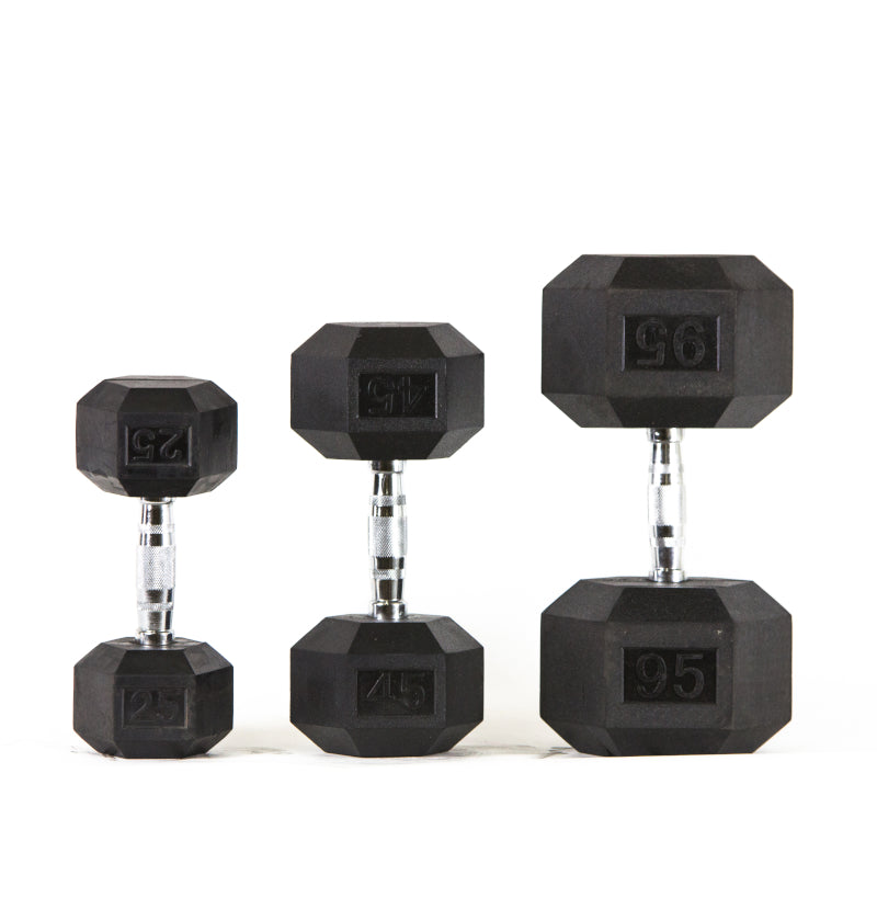 A set of three black rubber hex dumbbells displayed on a clean white background.