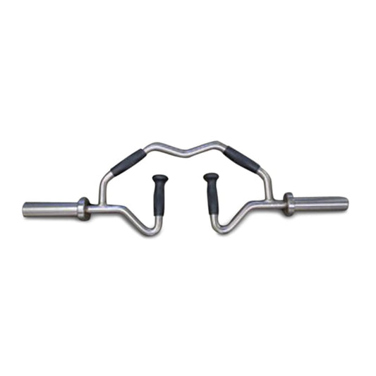 Two metal barbells displayed on a white background, showcasing a Multi Grip Tricep Bar for strength training exercises.