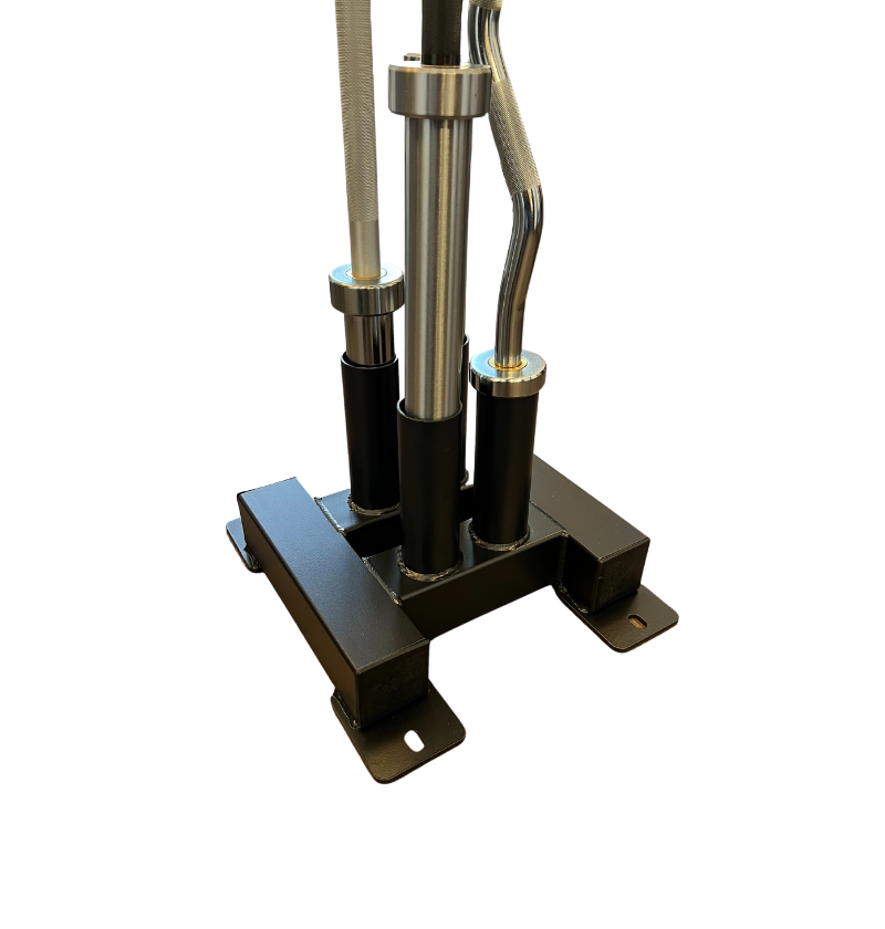 Vertical Olympic bar holders featuring a sturdy metal stand with two pipes.