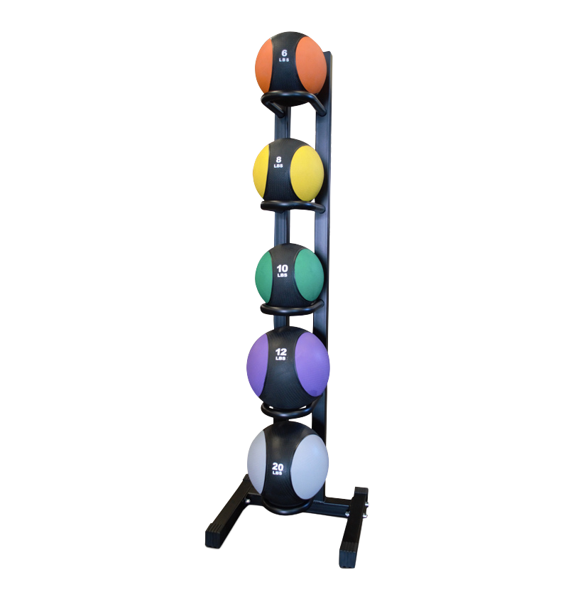 A vertical rack holding four medicine balls, showcasing a variety of colors and sizes.